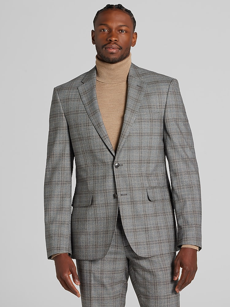 Joseph Abboud Classic Fit Plaid Suit, Grey Plaid With Camel - Gray