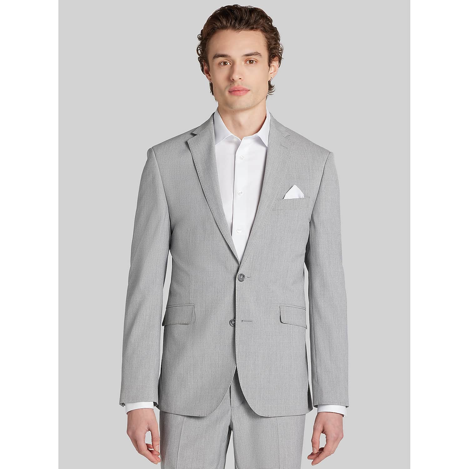 Wilke-Rodriguez Slim Fit Plaid Suit in Light Grey Check – Men’s Two Piece Jacket and Flat Front Pants, Size 44 Short