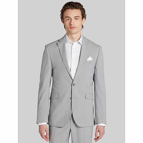 Wilke-Rodriguez Slim Fit Plaid Suit in Light Grey Check – Men’s Two Piece Jacket and Flat Front Pants, Size 44 Short