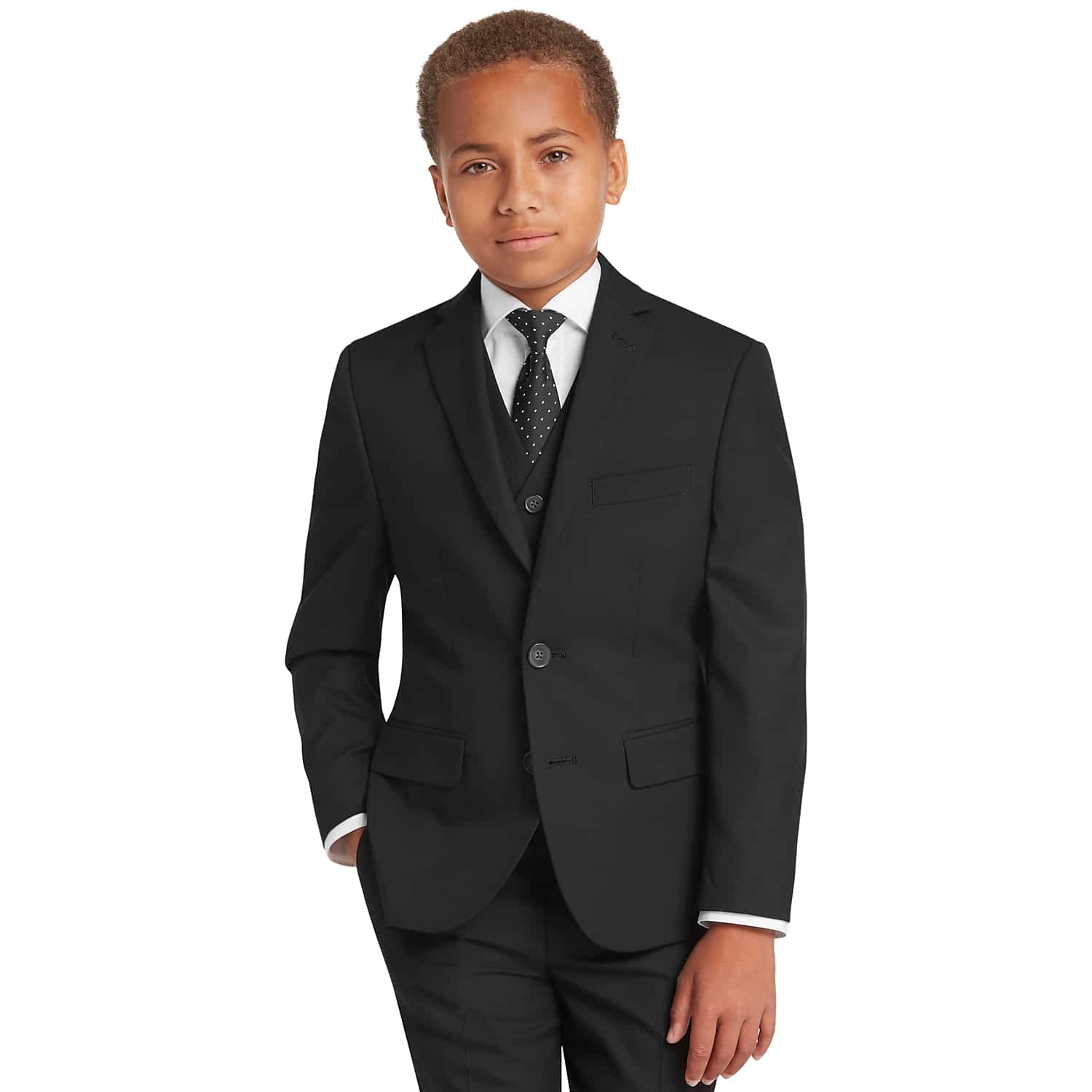 Joseph Abboud Boys Slim Fit 3-Piece Black Suit – Notch Lapel Jacket, Vest and Flat-Front Pants Set for Weddings, Homecoming and School Dances