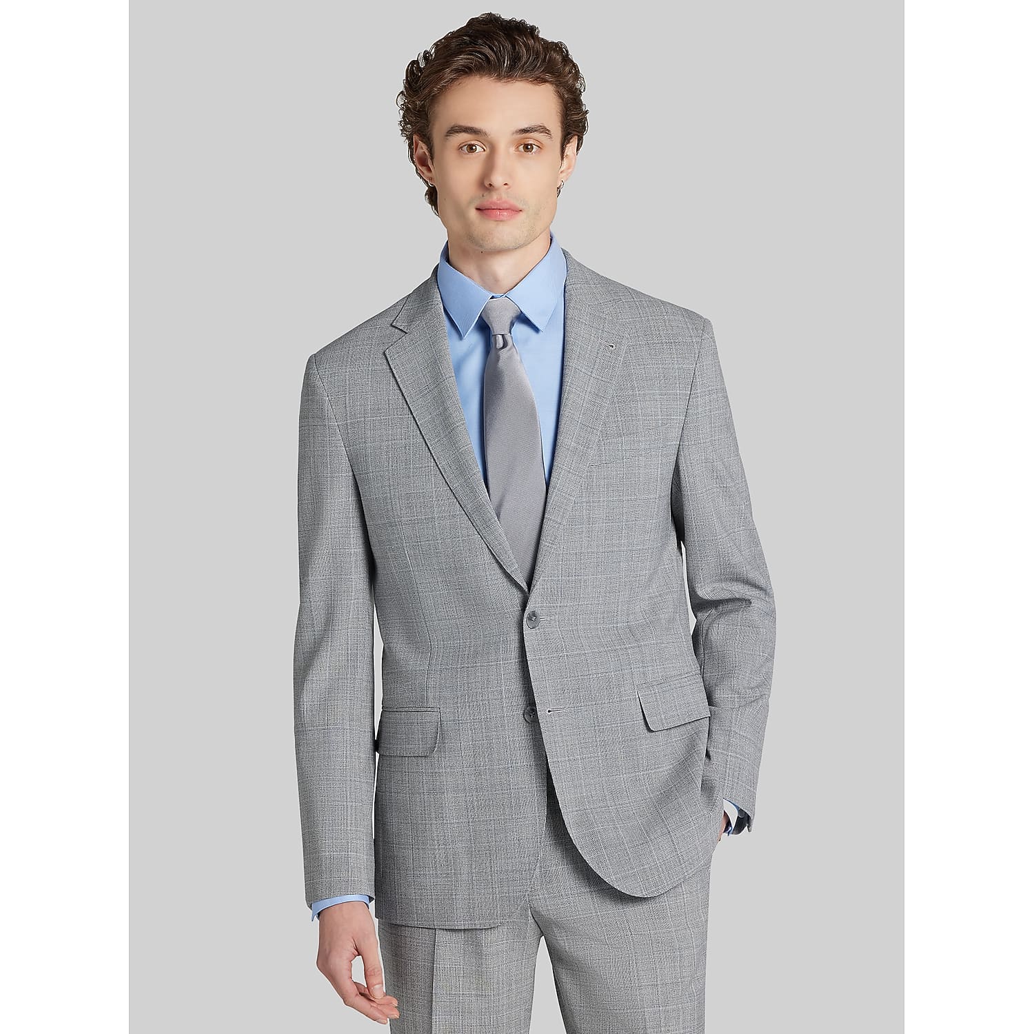 JOE Joseph Abboud Slim Fit Plaid Men’s Suit Jacket in Platinum Gray – Wool-Blend Stretch Blazer, Size 46 Regular