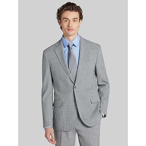 JOE Joseph Abboud Slim Fit Plaid Men’s Suit Jacket in Platinum Gray – Wool-Blend Stretch Blazer, Size 46 Regular