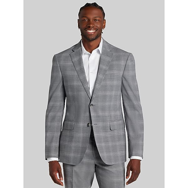 Awearness Kenneth Cole Big & Tall Modern Fit Plaid Men's Suit Jacket Light Grey Plaid - Size: 48 Long