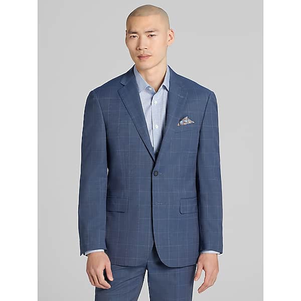 Awearness Kenneth Cole CHILLFLEX Modern Fit Windowpane Premium Wool Blend Men's Suit Jacket Light Blue Windowpane - Size: 42 Short