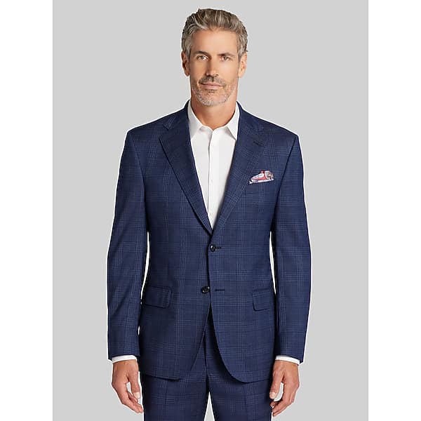 Joseph Abboud Big & Tall Modern Fit Plaid Men's Suit Jacket Dark Blue Plaid - Size: 50 Long
