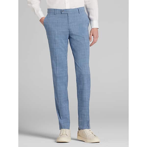 Egara Skinny Fit Windowpane Dress Pants Light Blue Windowpane - Size: 32W x 32L