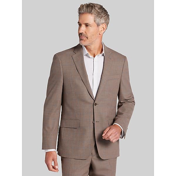 Joseph Abboud Big & Tall Classic Fit Windowpane Men's Suit Jacket Tan/Blue Windowpane - Size: 48 Regular