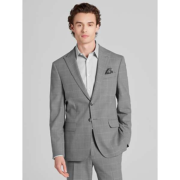Awearness Kenneth Cole CHILLFLEX Slim Fit Peak Lapel Windowpane Men's Suit Jacket Light Grey Windowpane - Size: 46 Long