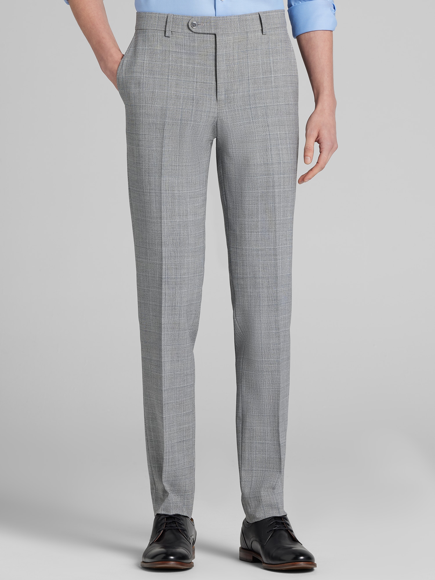 light grey plaid dress pants Light Grey Plaid Flat Front Wool Dress Pants (Men)