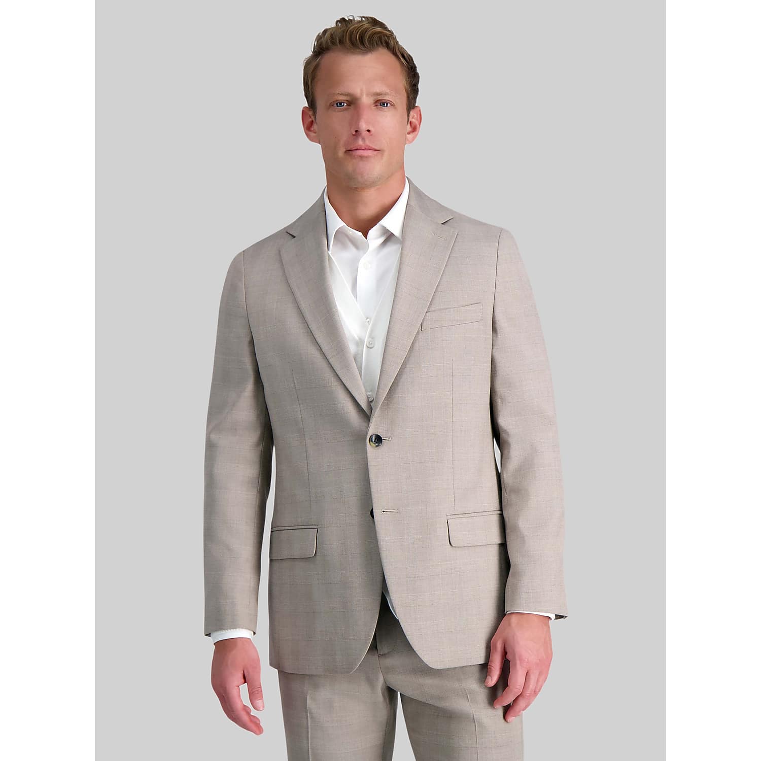Haggar Tailored Fit Camel Plaid Suit Jacket in Tan – Men’s 46 Regular Stretch Blazer for Office, Weddings, Interviews and Business Travel