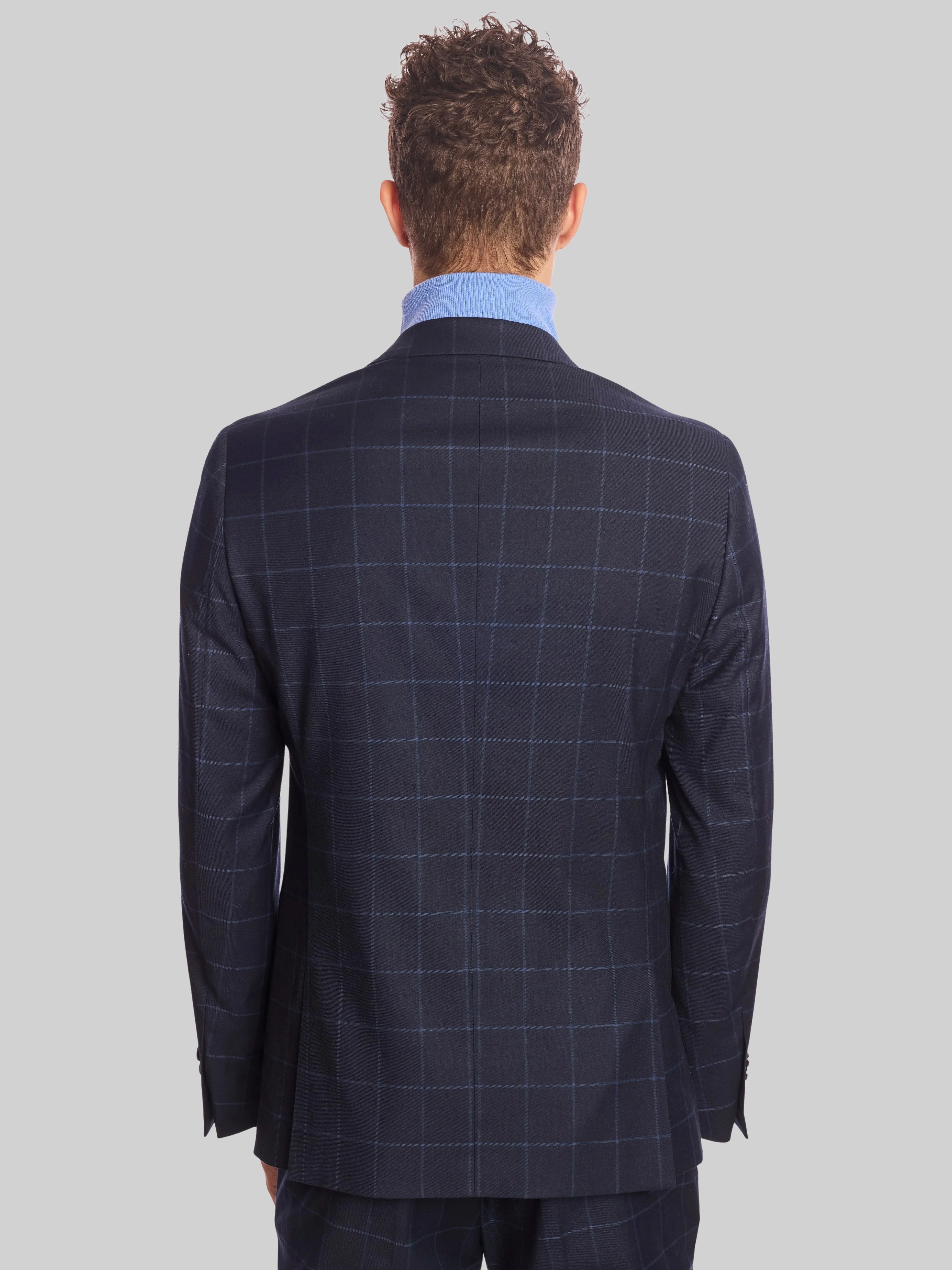 AZAR MAN Men's Slim Fit Navy Blue Windowpane Plaid Suit – 2 Button Peak Lapel – 4 Season Wool Feel