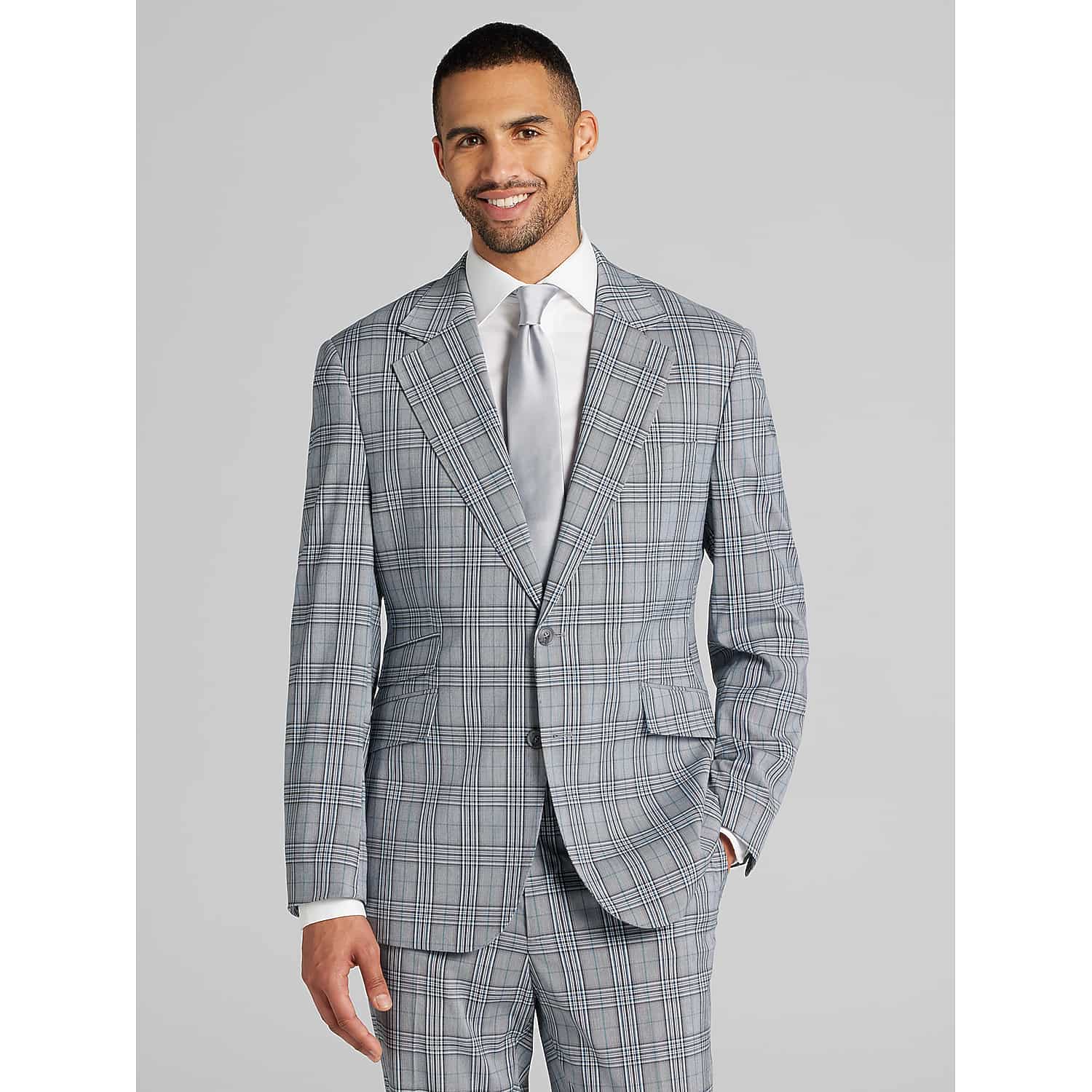 Joseph & Feiss Modern Fit Plaid Suit in Black and White – Men’s Two-Button Business Suit, Size 40 Short