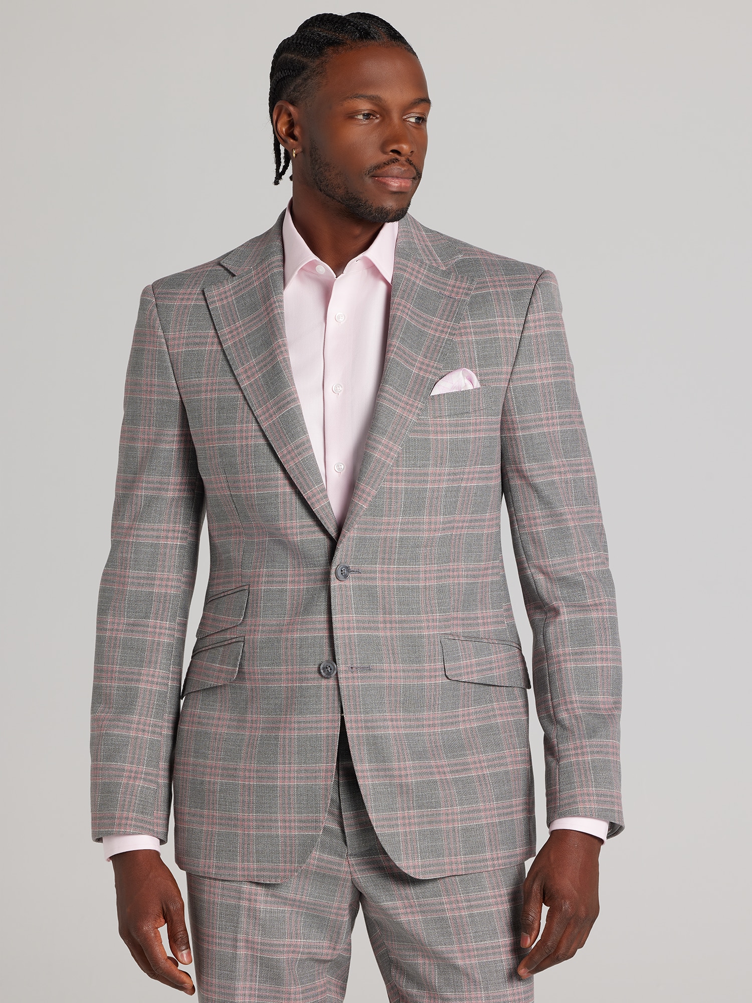 slim fit dress slacks Perry Ellis Outlet Men's Slim Fit Windowpane Pattern Suit Jacket in Grey/Pink/Gray, Size 42 main image 0