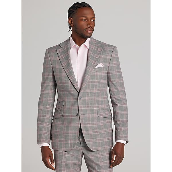 Joseph & Feiss Men's Modern Fit Plaid Suit Grey/Pink Plaid - Size: 42 Long