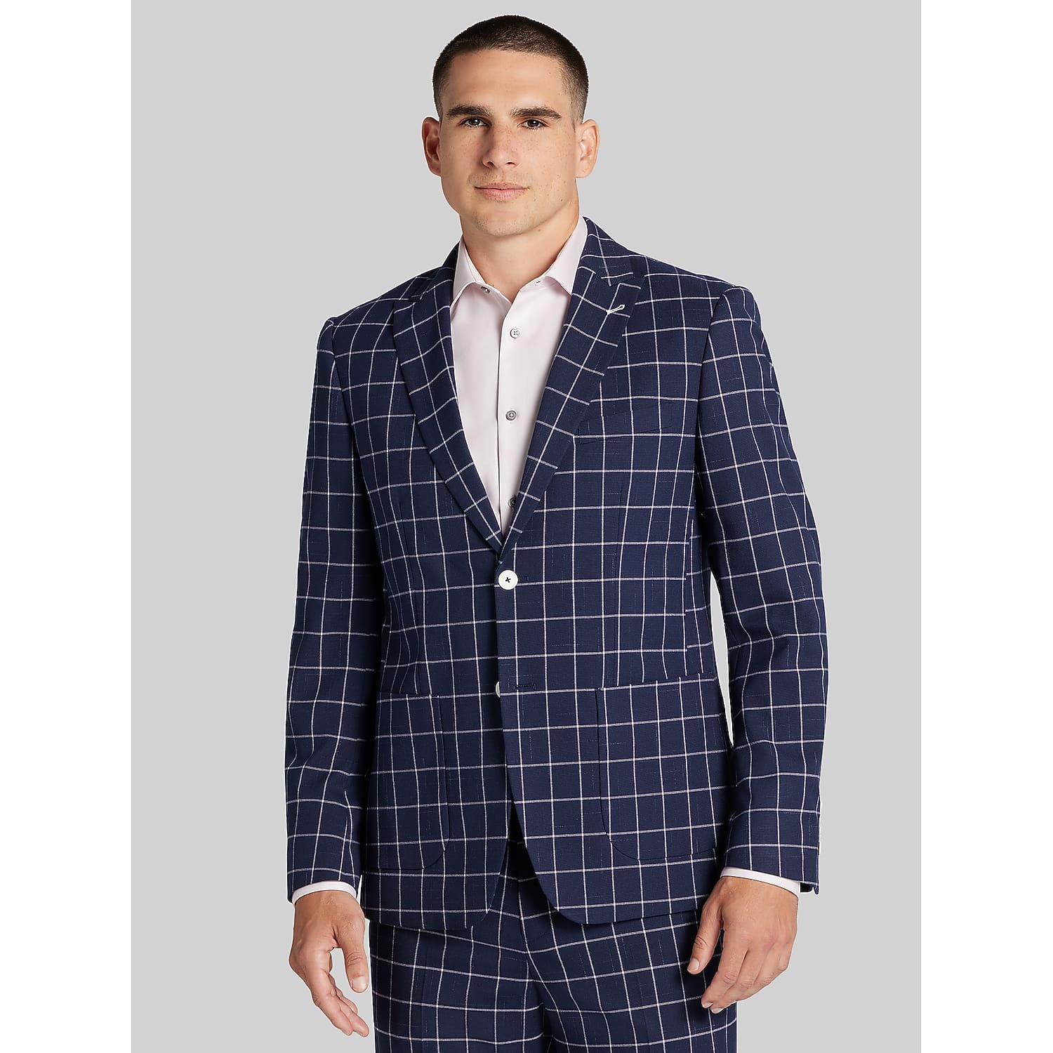 Paisley & Gray Modern Fit Windowpane Suit in Navy Blue – Men’s 2-Piece Jacket and Flat-Front Pants, Size 44 Short