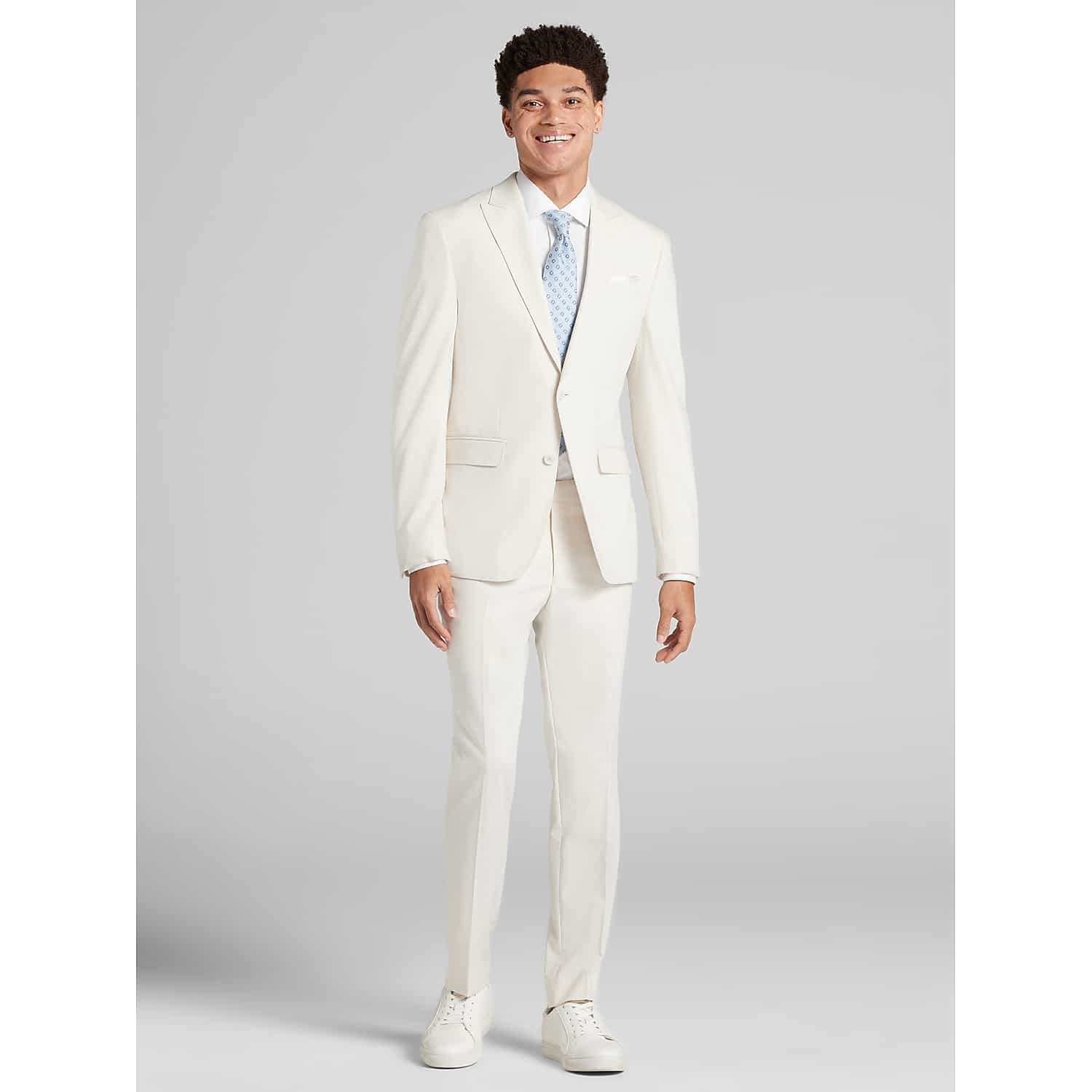 Egara Skinny Fit Peak Lapel Men’s Suit in Stone Tan – Solid Polyester Blend Modern Suit, Size 47 Regular