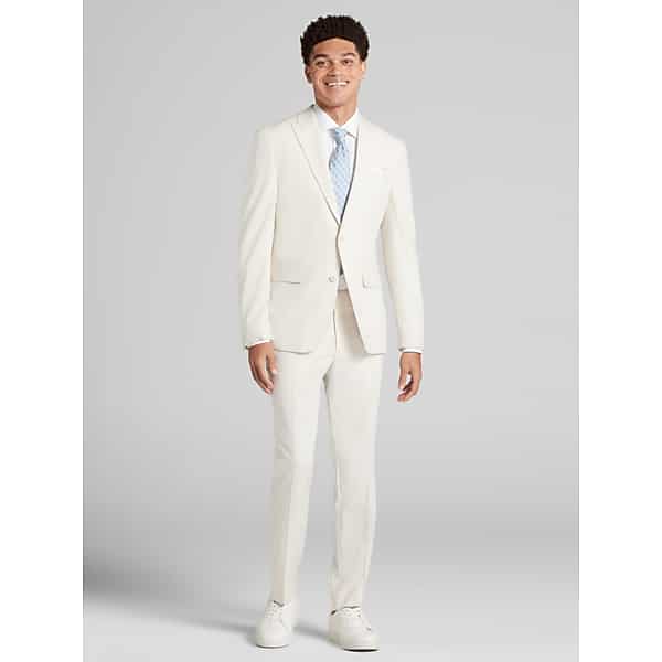 Egara Skinny Fit Peak Lapel Men’s Suit in Stone Tan – Solid Polyester Blend Modern Suit, Size 47 Regular