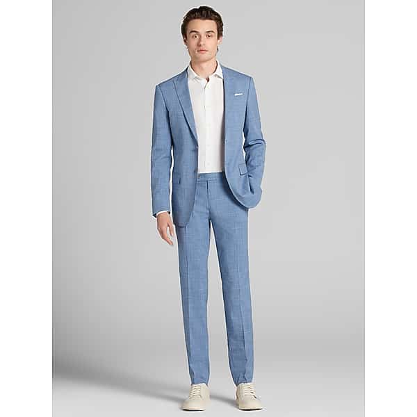 Egara Skinny Fit Light Blue Windowpane Men’s Suit – Two-Button Peak Lapel Jacket and Flat-Front Pants, Size 47 Regular