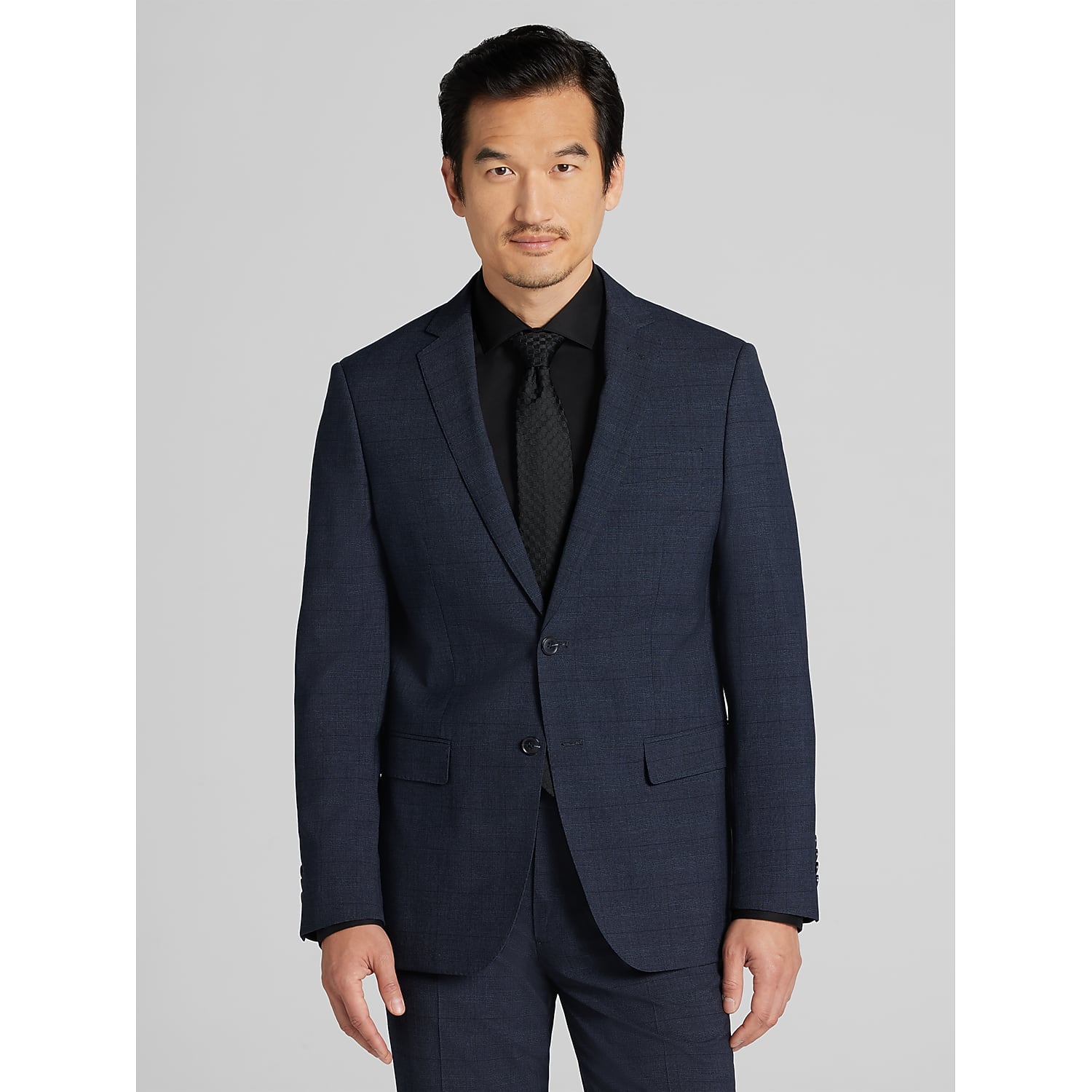 Wilke-Rodriguez Slim Fit Windowpane Plaid Suit in Denim Blue – Two-Piece Men’s Polyester Blend, Size 44 Long