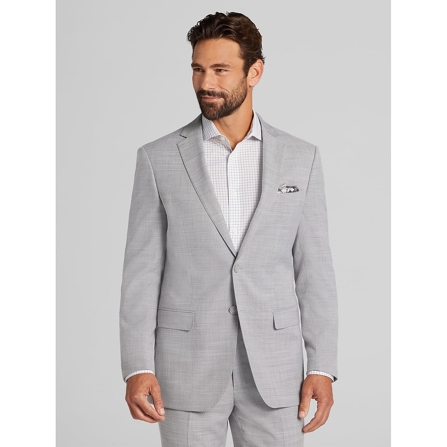 Wilke-Rodriguez Slim Fit Tic Suit in Platinum Gray – Two-Button Jacket and Flat-Front Trousers, Size 40 Long