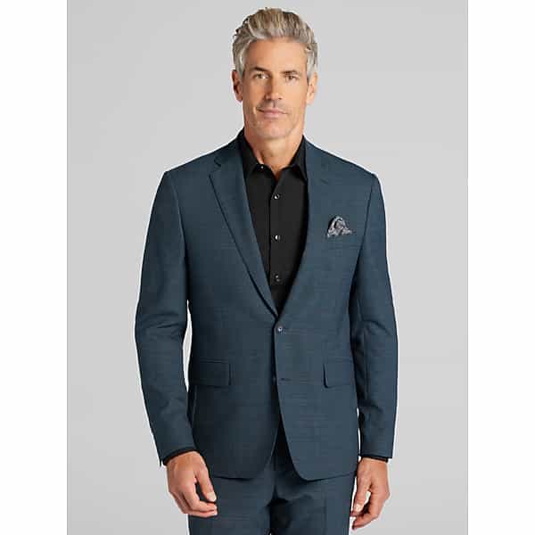Awearness Kenneth Cole CHILLFLEX Slim Fit Plaid Men's Suit Jacket Teal Plaid - Size: 42 Regular