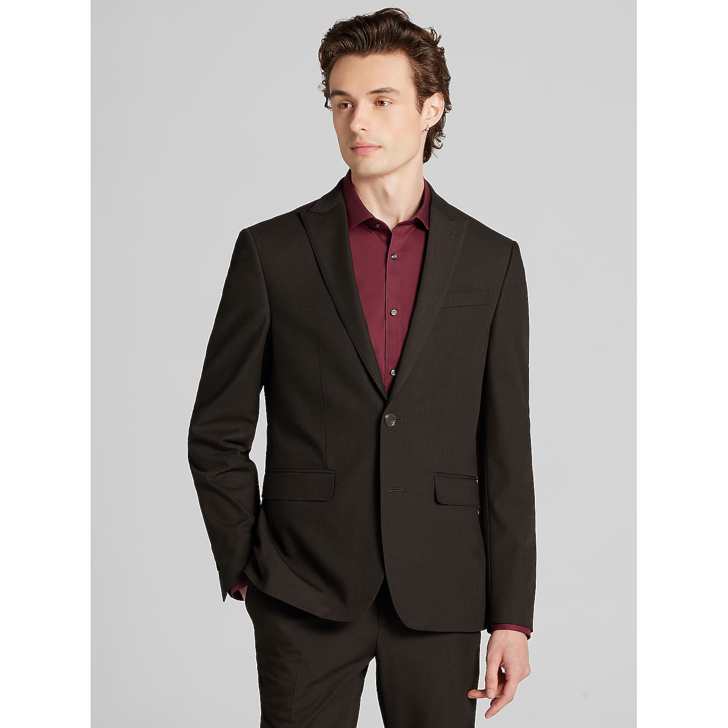 Egara Skinny Fit Men’s Suit Jacket in Chocolate Brown – Peak Lapel Two-Button Blazer, Size 39 Short