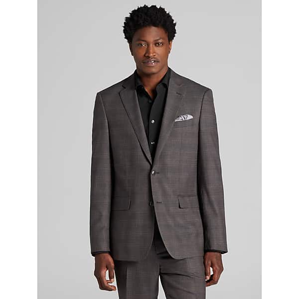 Joseph Abboud Big & Tall Classic Fit Plaid Men's Suit Jacket Grey/Brown Plaid - Size: 50 Regular