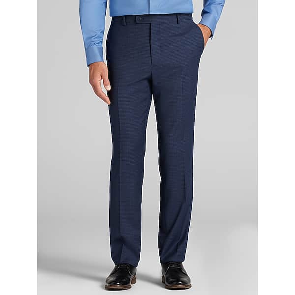 Awearness Kenneth Cole Modern Fit Check Flat-Front Hemmed Pants Blue Mini Check - Size: 42W x 32L