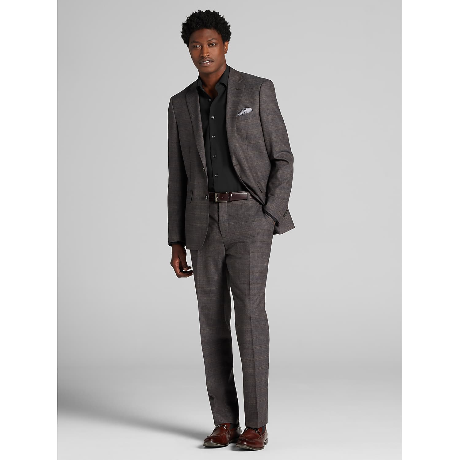 Joseph Abboud Classic Fit Plaid Men’s Suit in Grey/Brown – Two-Button Jacket and Flat-Front Pants for Work or Events
