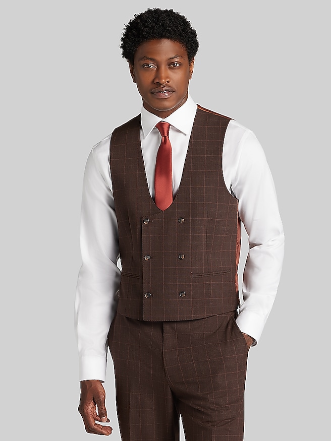 Joseph & Feiss Modern Fit Plaid Double Breasted Scoop Vest Copper Plaid