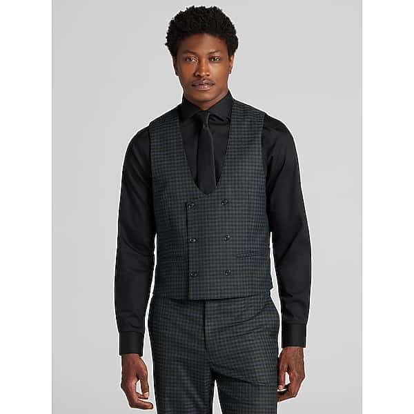 Joseph & Feiss Men's Modern Fit Double Breasted Scoop Vest Dark Olive Check