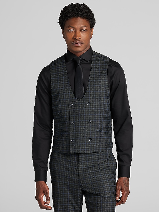 Joseph & Feiss Modern Fit Double Breasted Scoop Vest Dark Olive Check