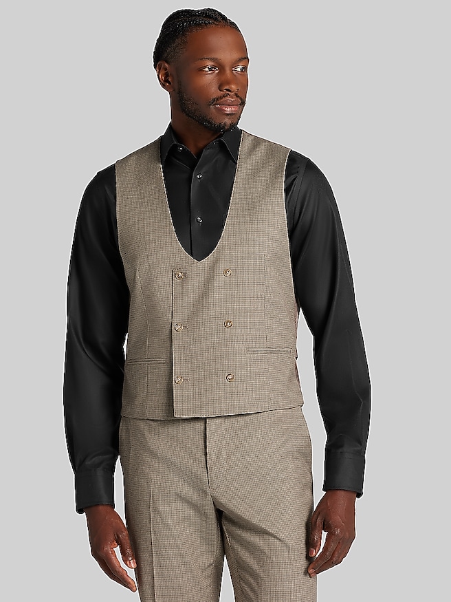 Joseph & Feiss Modern Fit Check Double Breasted Scoop Vest Tan Check