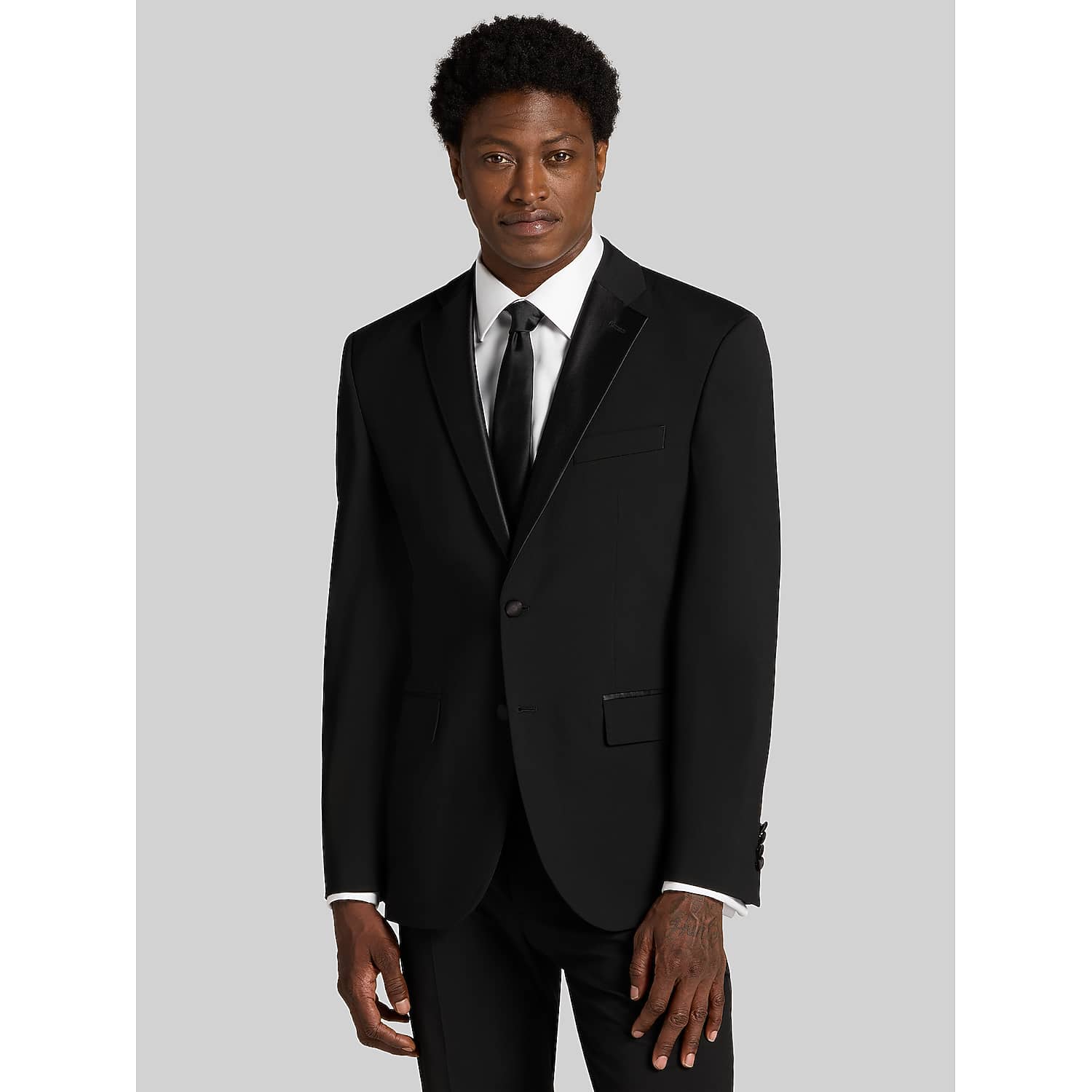 Wilke-Rodriguez Slim Fit Men’s Tuxedo in Formal Black – Notch Lapel Jacket and Flat-Front Pants, Size 42 Regular
