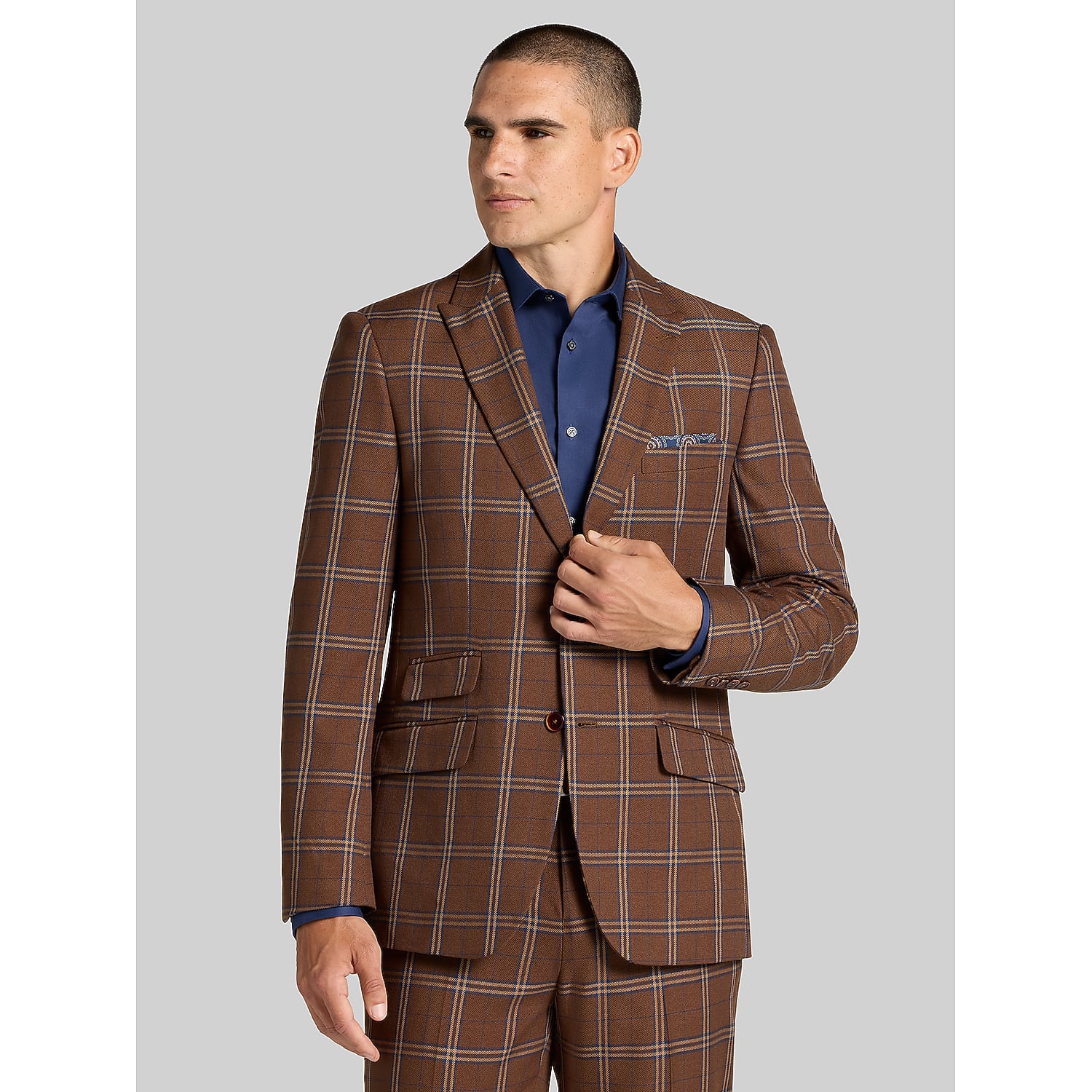 Paisley & Gray Men’s Modern Fit Plaid Suit in Navy Burgundy and Blue – Two-Piece Peak Lapel Jacket and Flat-Front Pants