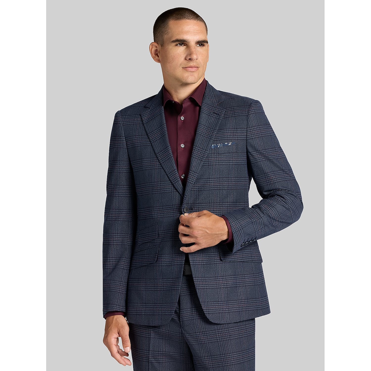 Paisley & Gray Modern Fit Plaid Suit in Navy Blue – Two-Button Jacket and Flat-Front Pants, Size 40 Long