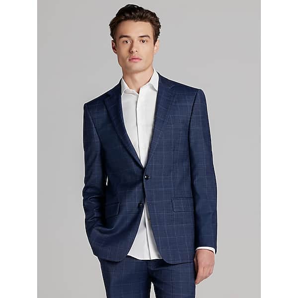 Calvin Klein Slim Fit Wool Blend Windowpane Men's Suit Jacket Navy Plaid - Size: 56 Long TMW3UKN56361
