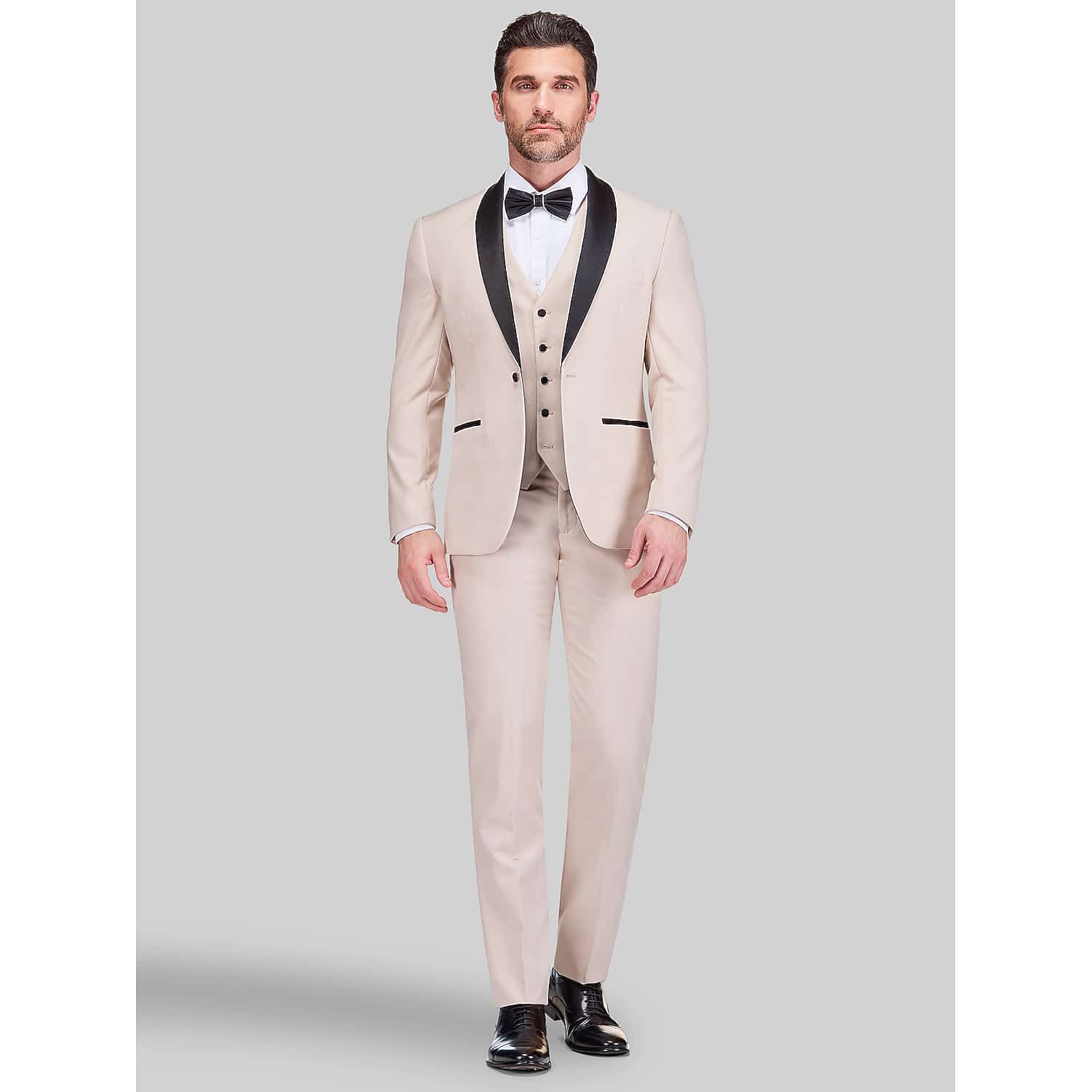 Gino Vitale Slim Fit 3-Piece Tuxedo in Light Beige Tan – Men’s Shawl Lapel Jacket, Vest and Flat-Front Pants, Size 34 Short