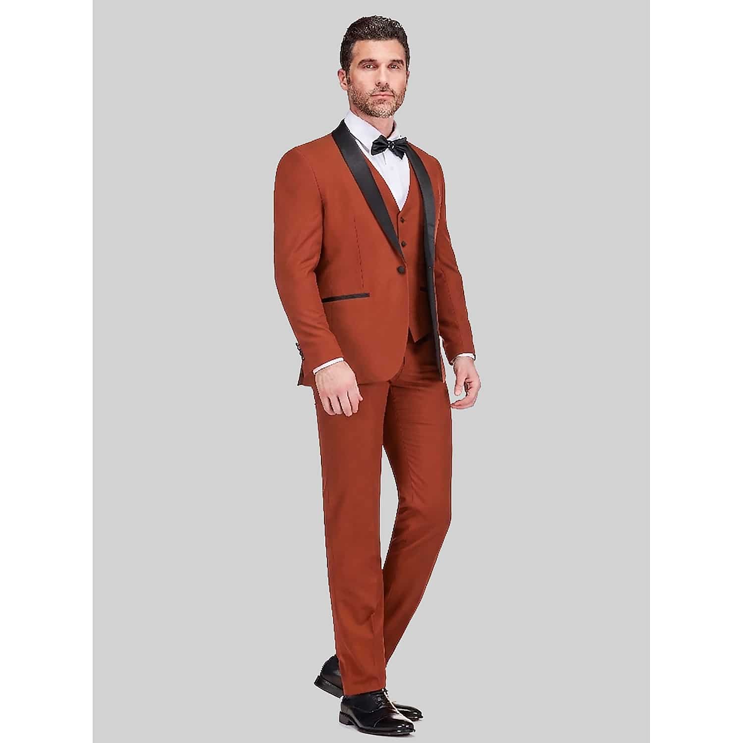 Gino Vitale Men’s Slim Fit 3-Piece Vested Tuxedo in Rust Orange – Shawl Collar Jacket, Vest and Pants, Size 38 Short