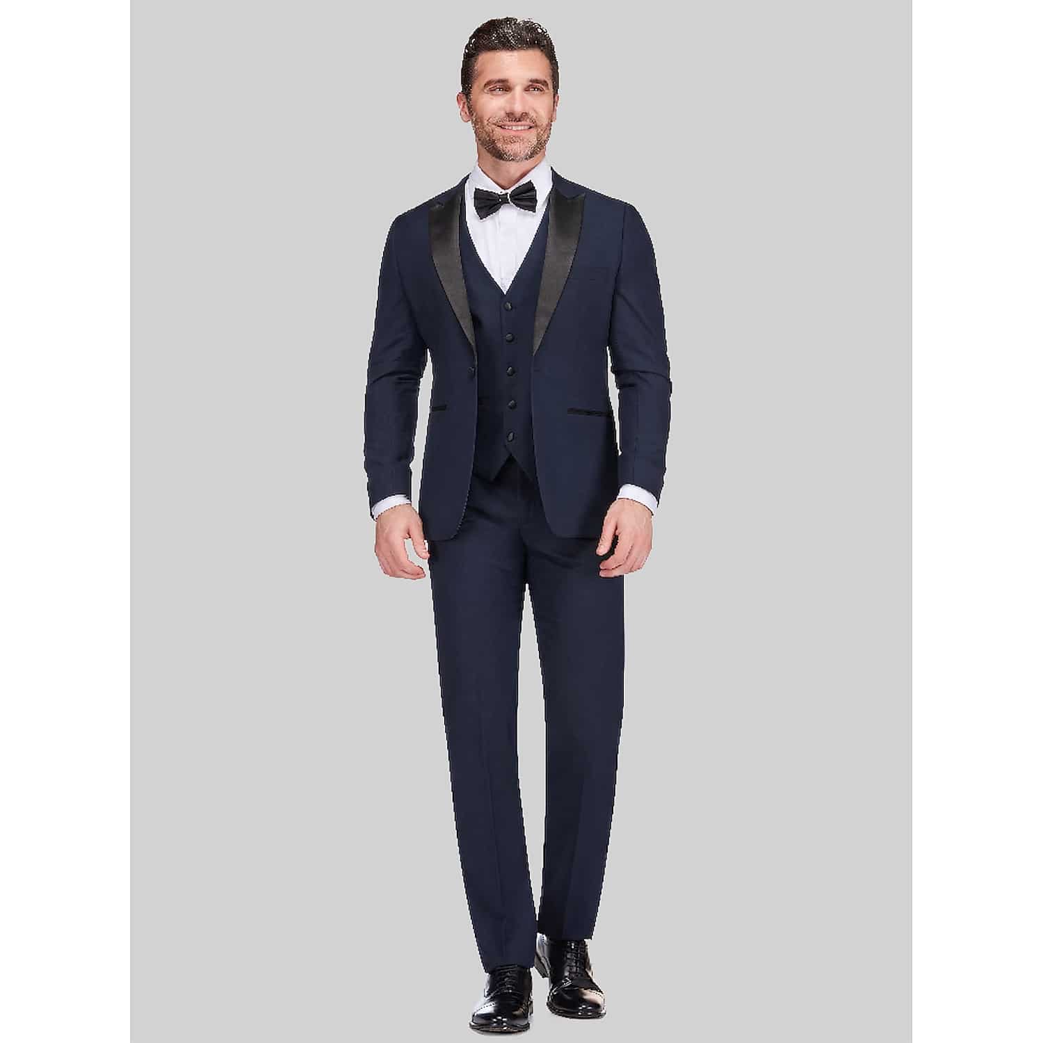 Gino Vitale Men’s Slim Fit 3-Piece Tuxedo in Navy Blue – Single-Button Jacket, Vest and Flat-Front Pants, Size 44 Long