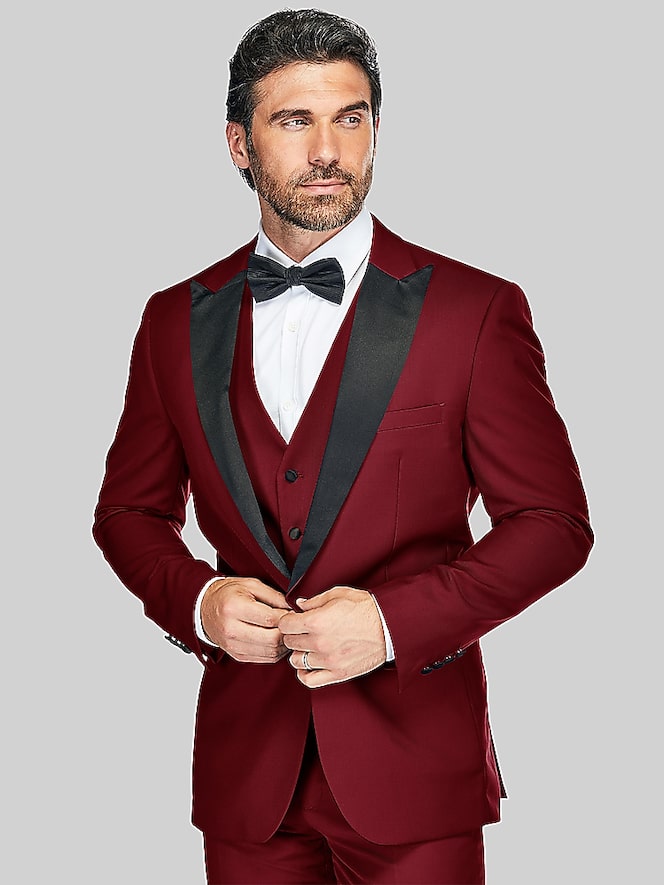Gino Vitale Slim Fit 3-Piece Peak Vested Tuxedo, Burgundy - Image 2 of 3