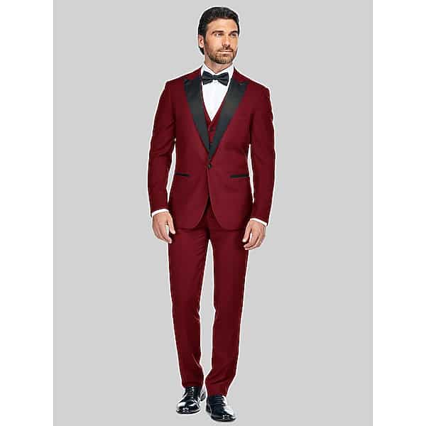 Gino Vitale Men's Slim Fit 3-Piece Peak Vested Tuxedo Burgundy - Size: 34 Short
