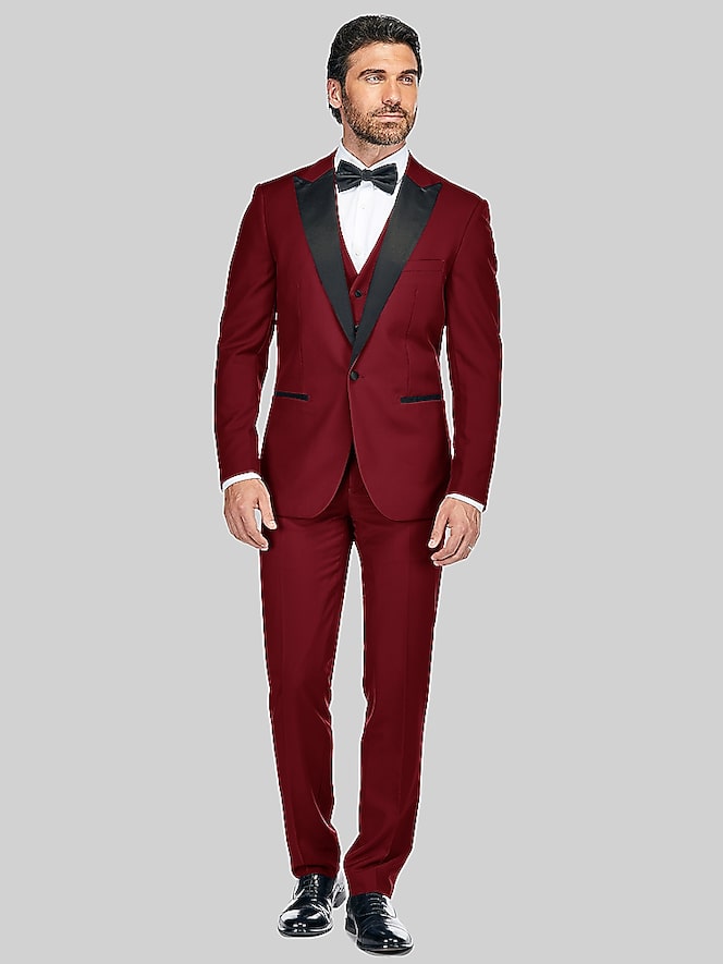 Gino Vitale Slim Fit 3-Piece Peak Vested Tuxedo, Burgundy - Image 1 of 3