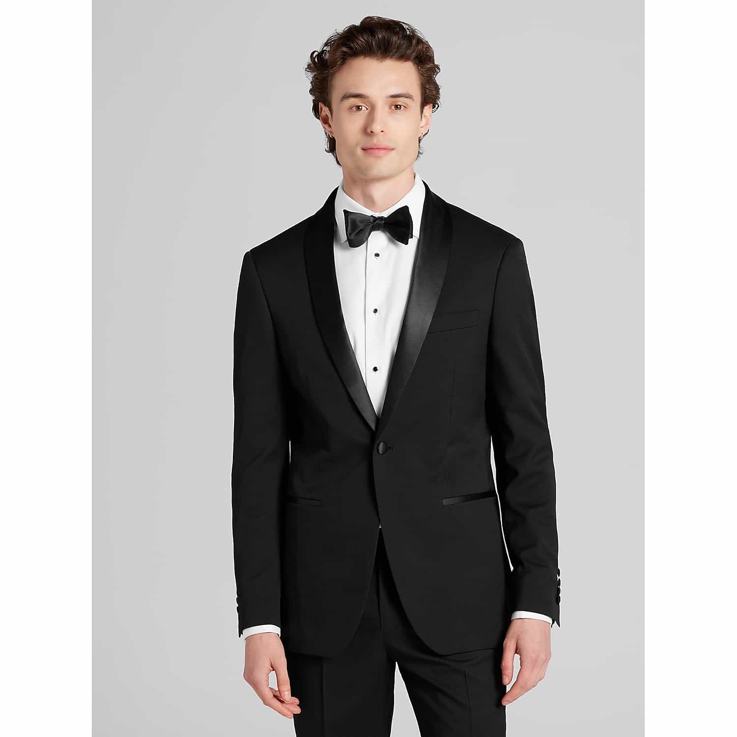 Wilke-Rodriguez Slim Fit Black Shawl Lapel Tuxedo Jacket – Men’s Solid Black Dinner Jacket for Weddings, Prom, Black Tie and Holiday Parties