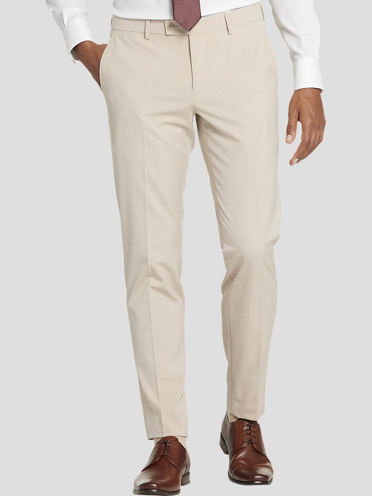 Egara Skinny Fit Mens Suit Pants in Tan Solid  2-Way Stretch Dress Trousers, Size 34W x 34L