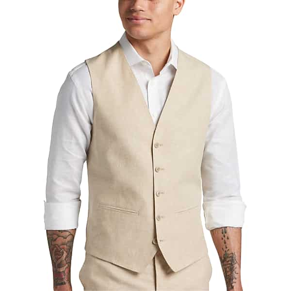 JOE Joseph Abboud Slim Fit Linen Blend Men's Suit Vest Tan Chambray - Size: XLT TMW3XN6XLT23