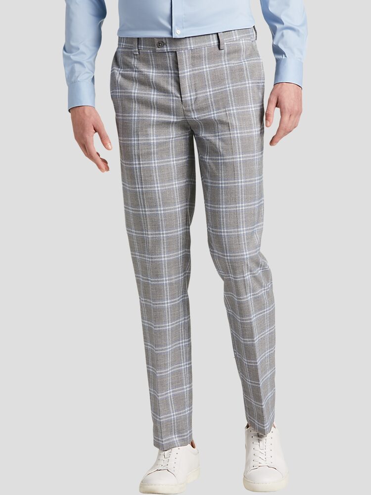 Blue Slim Fit Plaid Pants for Men by