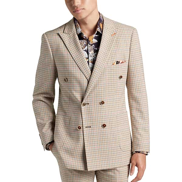 Men’s Vintage Style Suits, Classic Suits Paisley  Amp Gray Mens Paisley  Gray Slim Fit Check Double Breasted Suit Separates Coat Tan Check - Size 38 Regular $189.99 AT vintagedancer.com