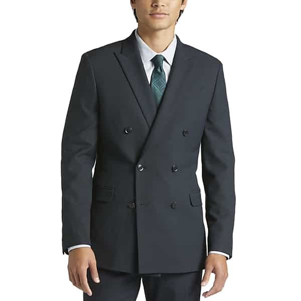 Egara Skinny Fit Double Breasted Peak Lapel Men's Suit Separates Jacket Dark Green Plaid - Size: 35 Regular