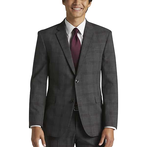 Egara Skinny Fit Men's Suit Separates Jacket Dark Gray Plaid - Size: 34 Regular